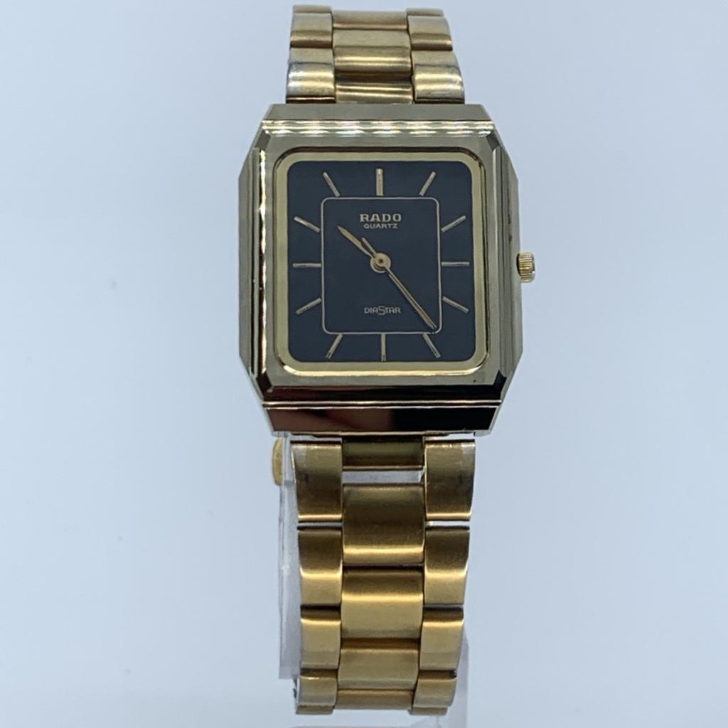 New Batteries Working Good RADO DIASTAR 110.9518.3 Quartz QZ Square Black and Blue Dial Gold Tone Stainless Steel 3-Hand Watch Cleaned
