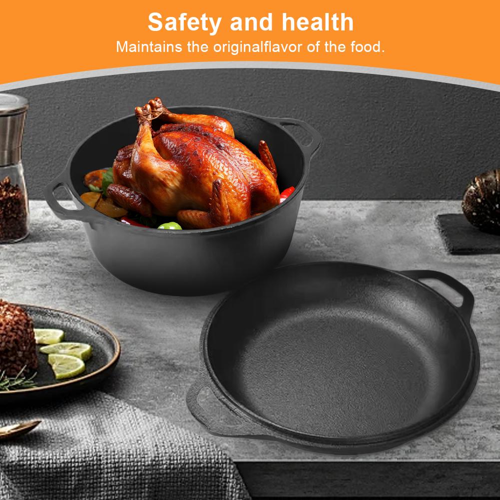 2 In 1 Cast Iron Dutch Oven with Skillet Lid Dutch Oven Pot Skillet Cookware Pan Set for Bread Frying Baking