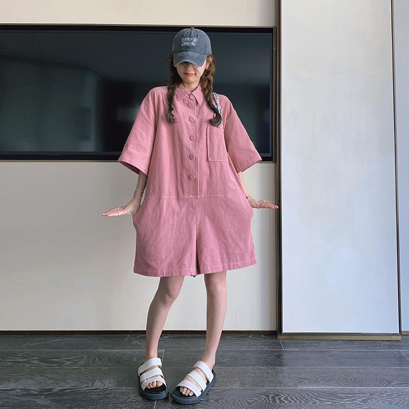 

2025 Розовый летний комбинезон с короткими рукавами - женский корейский стиль, облегающий крой Large розовый