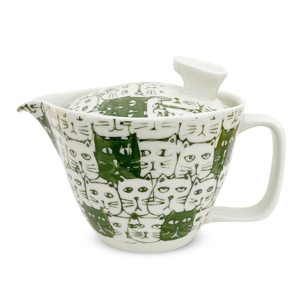 J-kitchens Kunzan-yaki Teapot with Strainer, 240ml Capacity, for 1-2 People, Hasami Ware, Made In Japan, Cats Green, Small