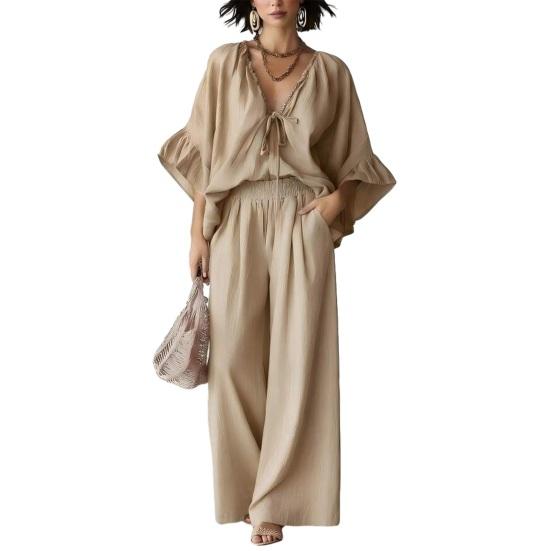 Conjuntos de Verano de 2 Piezas para Mujer, Top con Volantes de Media Manga y Cuello en V a Juego con Pantalones de Pierna Ancha, Conjuntos de Salón para Vacaciones con Bolsillos