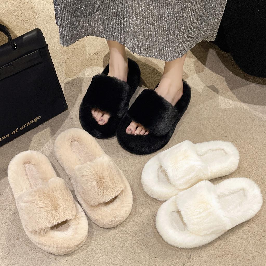 Large Size Fluffy Slippers Women's Fashion and Versatile 2025 Winter New One-word Warm Indoor Cotton Slippers