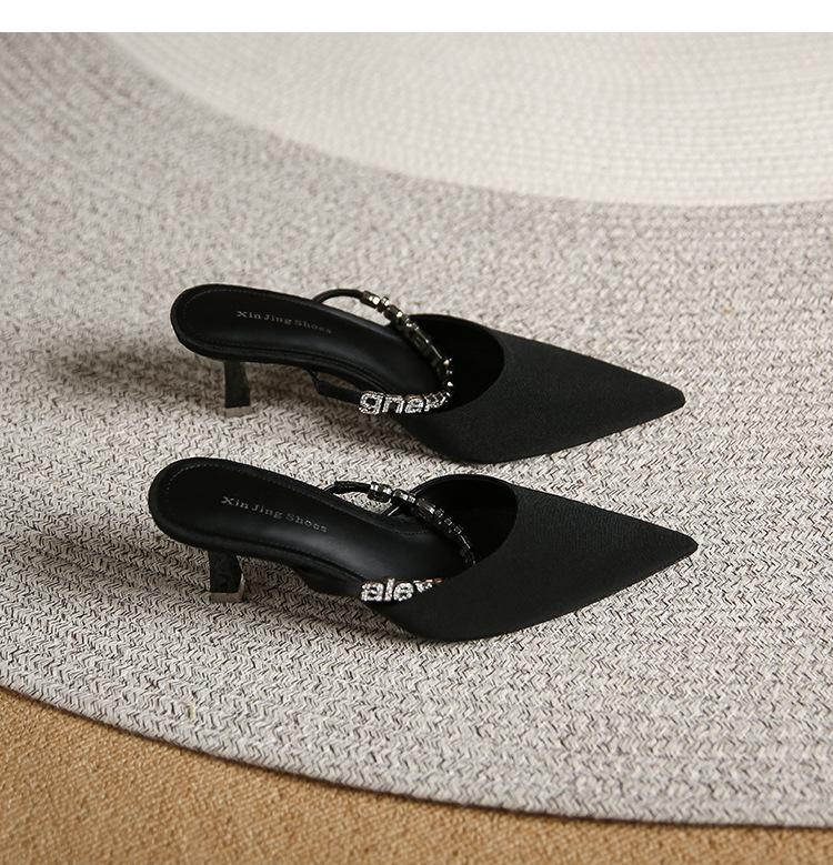 699-19 Baotou Half-drag Sandals Women's 2025 New Temperament Rhinestone Outer Wear High Heels Pointed Thin Heels Women's Shoes
