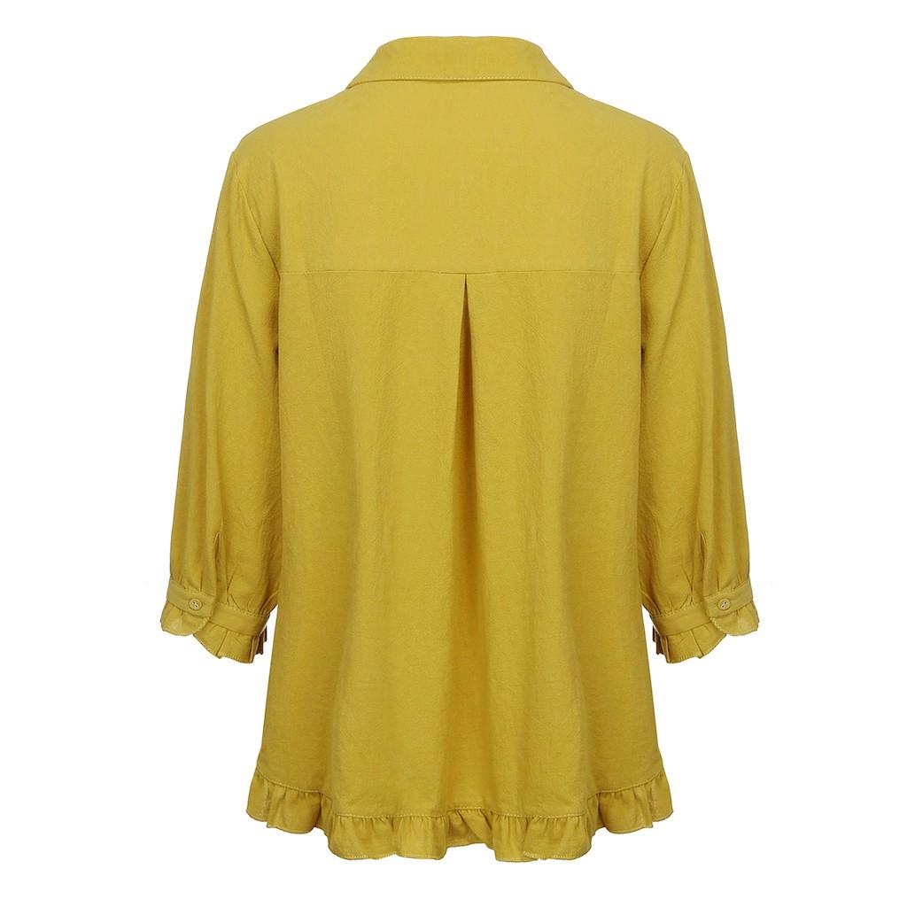 Women's Cotton And Linen Lace Color Button Up Shirt Upper Hem Short Sleeve