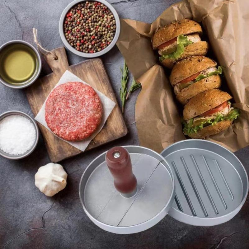 Aluminium Hamburgerpress med Trähantag - Rund Pattyform för Köket