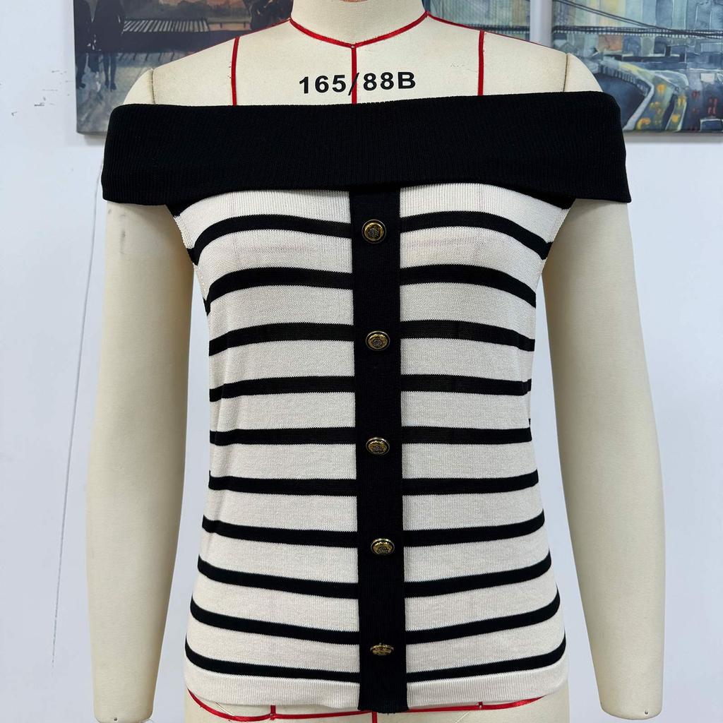 Women's Fashion Spliced Pullover Striped Off Shoulder Short Sleeve Sweater Top