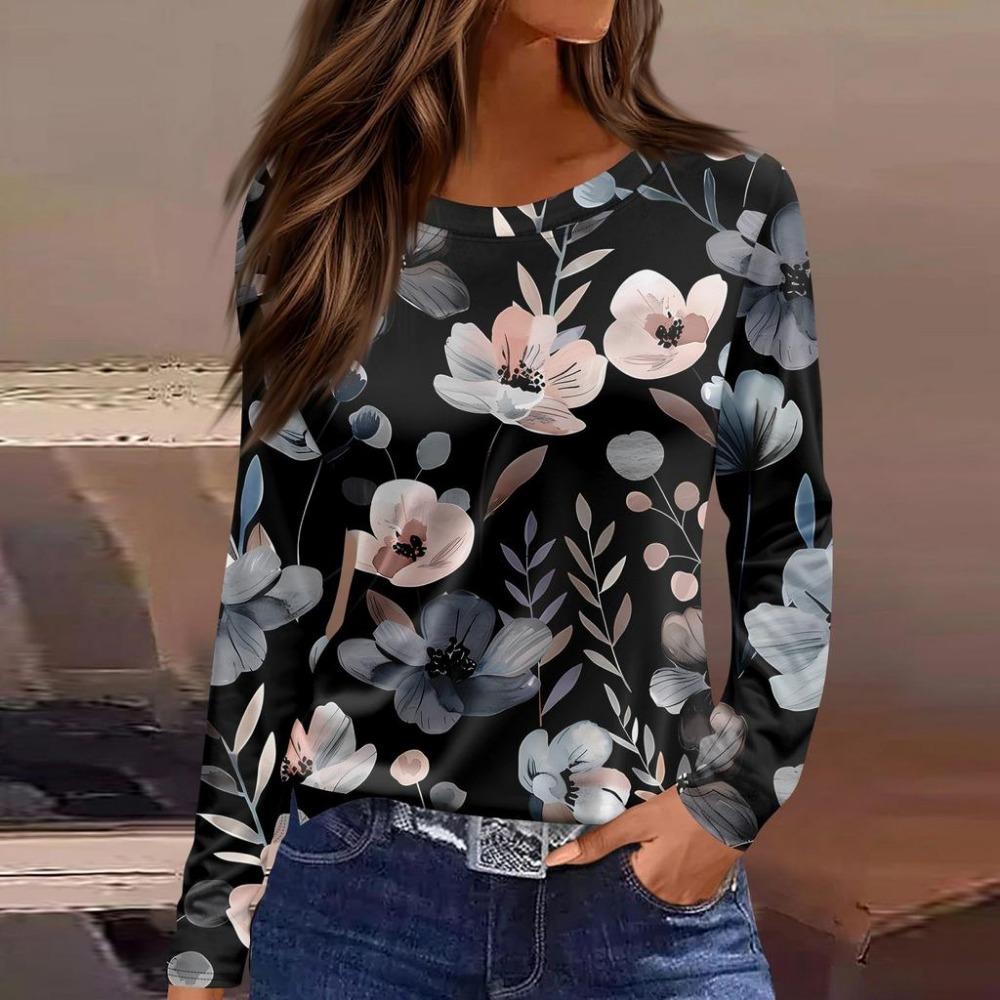 Women's 3D petal falling print fashionable long sleeved shirt