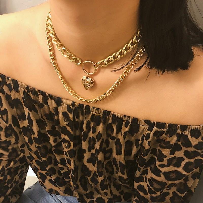 Double-layer Simple Chain Necklace Punk Gold Color Heart Pendant Choker Necklace Fashion Jewelry