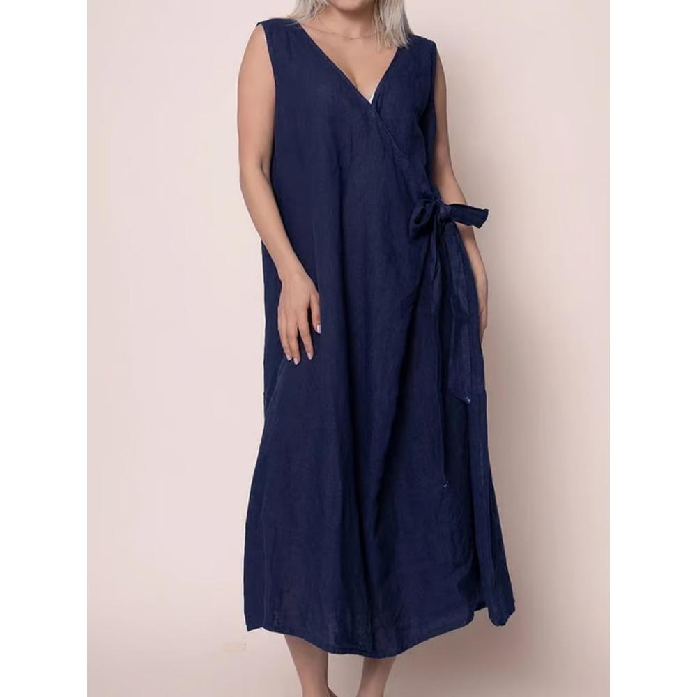 New Solid-color V-neck Side-tied Sleeveless Long Dress for Women