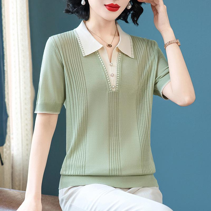 

Ice Silk Knit Lapel Shirt - Summer 2026 Short Sleeve T-shirt for Stylish Middle-aged & Elderly Women L (recommended 80-100 lbs) зелений