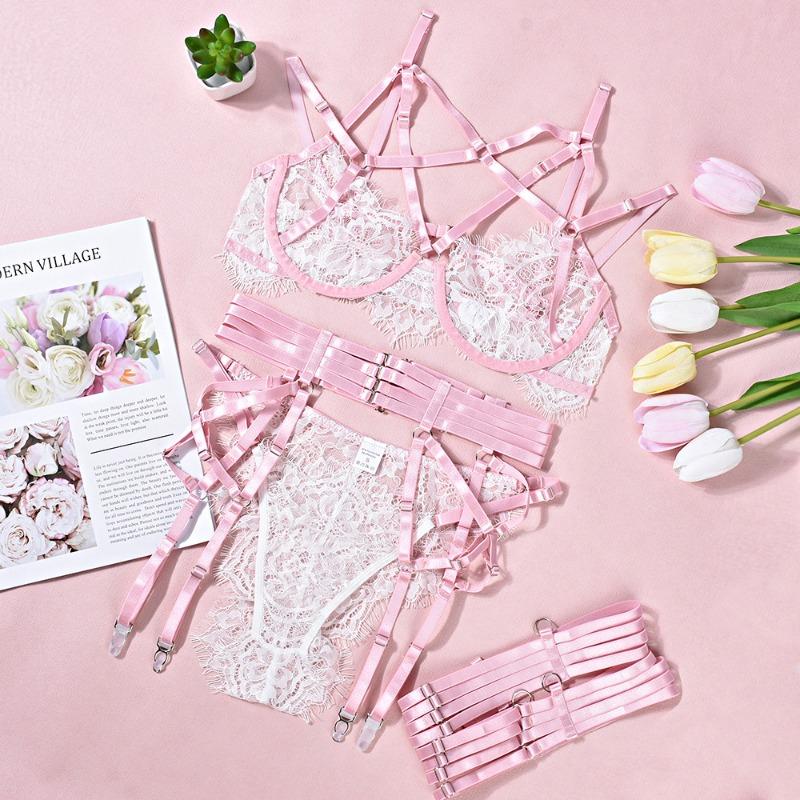 

Сексуальное нижнее белье женское контрастных цветов сложный тяжелый промышленный переплетенный кружевной бюстгальтер трехточечный комплект из четырех предметов L розовый