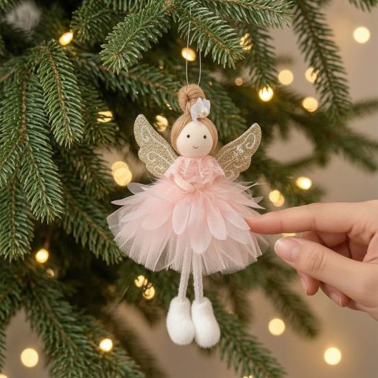 Fairy Tale Ornaments Angel Doll Pendant with Lace Mesh Skirt And Glitter Wings, Decorative Elegant Party Favors Christmas Tree Hanging Ornament