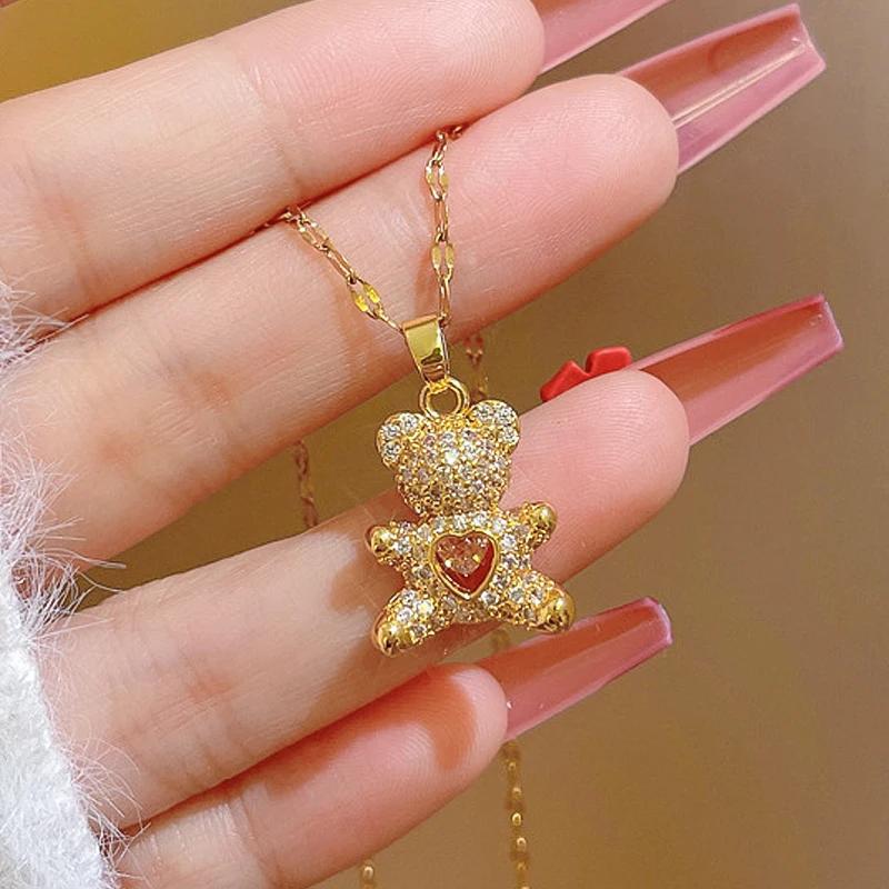 Flash Lovely Bear Pendant Necklaces for Women Golden Titanium Stainless Steel Neck Link Chain Female Jewelry Gift