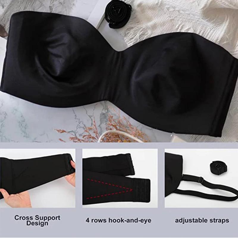 Full Support Non-Slip Convertible Bandeau Bra Strapless Push Up Plus Size Seamless Bra Underwire Convertible Smoothing Unpadded