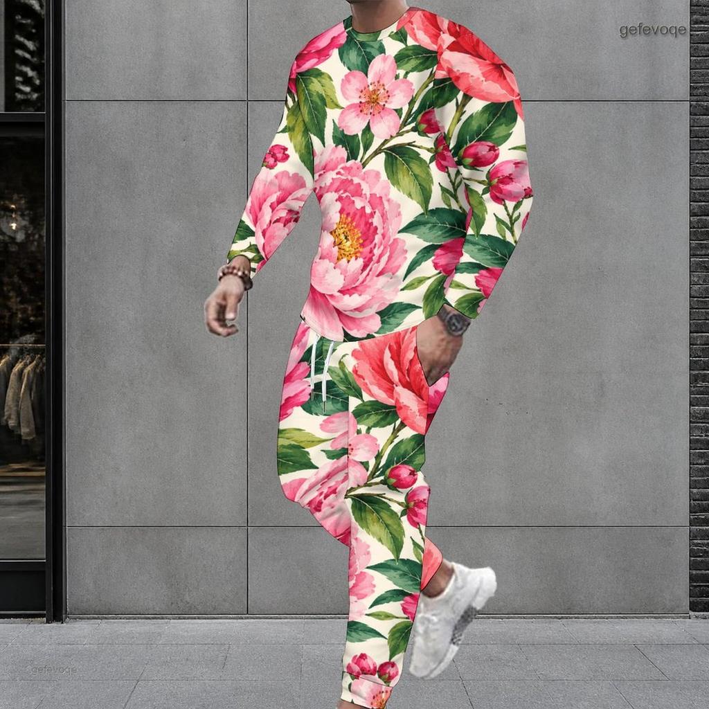 Men Plus Size Bamboo Stripe Printed Round Neck Long Sleeve Top And Cuffed Pants Two Piece Set