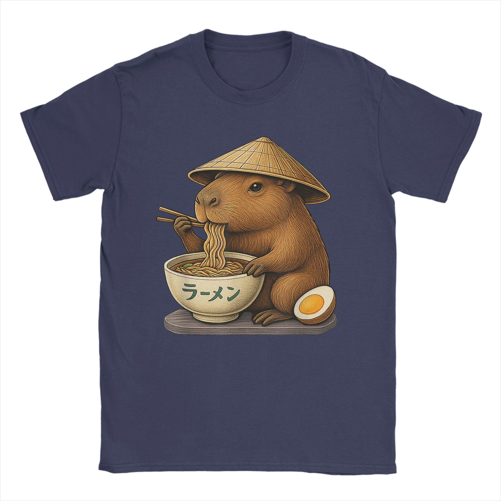 

Kawaii Capybara Eating Japanese Ramen T Shirts Men s 100% Cotton Amazing T-Shirts O Neck Tee Shirt Short Sleeve Tops Summer 4XL