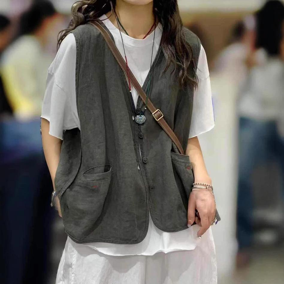

Однотонный льняной жилет с V-образным вырезом в стиле ретро, литературный, универсальный, повседневный, без рукавов, жилет, топ для женщин One size