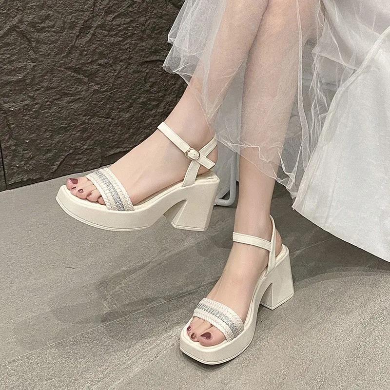 Chunky Heel Platform Slide Sandals 2025 Summer Women Square Toe Strappy Mule Slippers Plus Size Beach Shoes European Design