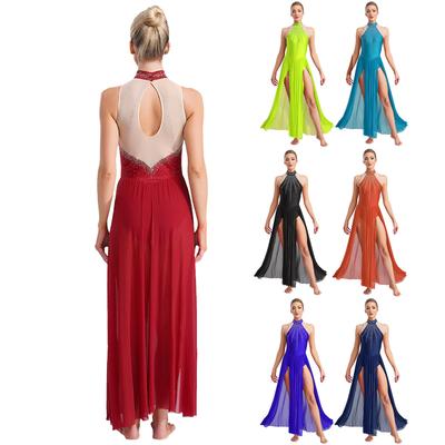 Womens Lyrical Dance Costume Keyhole Back Sleeveless Sparkling Rhinestones Split Dress Dancewear