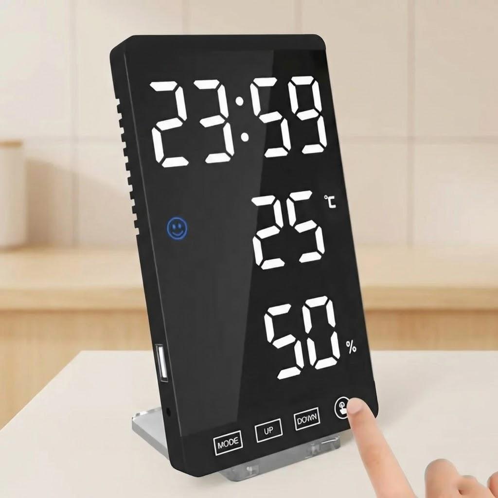 

6 Inch Digital Touch Screen Led Alarm Clock Temperature Humidity Display USB Output Home Decor Clock чорний