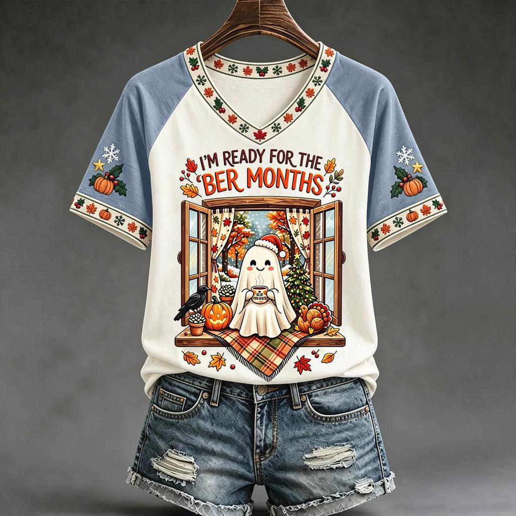 Women's Casual V-Neck Raglan Short Sleeve Color Print Top for Everyday Wear