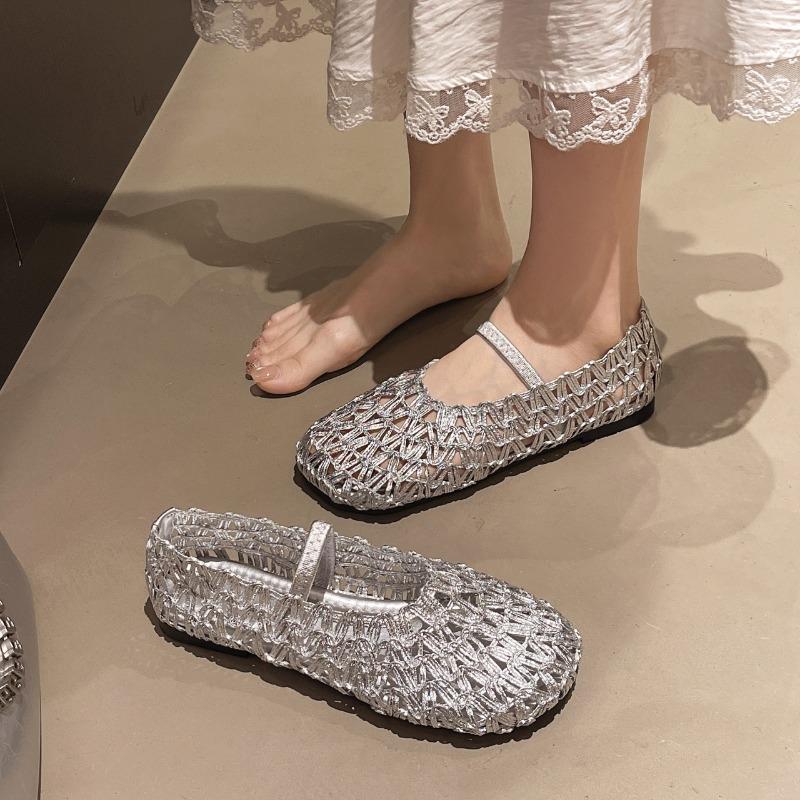 Fashion Flat Woven Shoes Women Summer Square Toe Cutout Breathable Shallow Mouth Mary Jane Sandals with Skirt Single Shoes