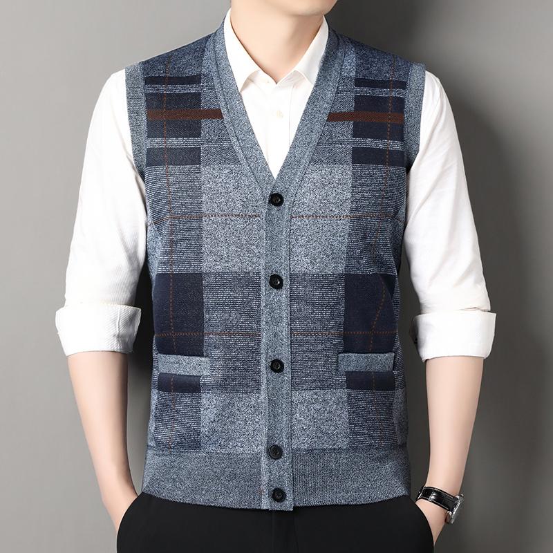 Autumn Male Vest Sleeveless Sweater Fleece Cardigan Warm Knitted Checkered Business Casual Button Up Coat Men's Clothing