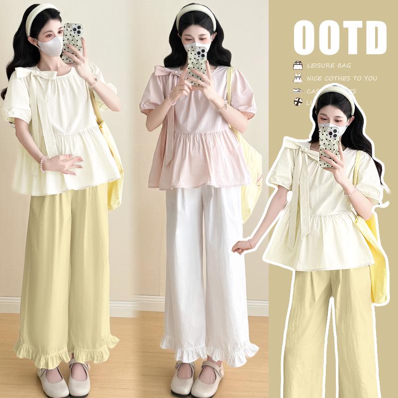 2026 Summer Fresh Bow Top & Ruffle Wide-Leg Pants Set
