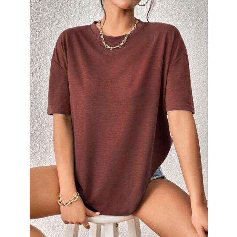 Tricou casual de damă de primăvară și vară, cu gât rotund, culoare uni, mânecă scurtă