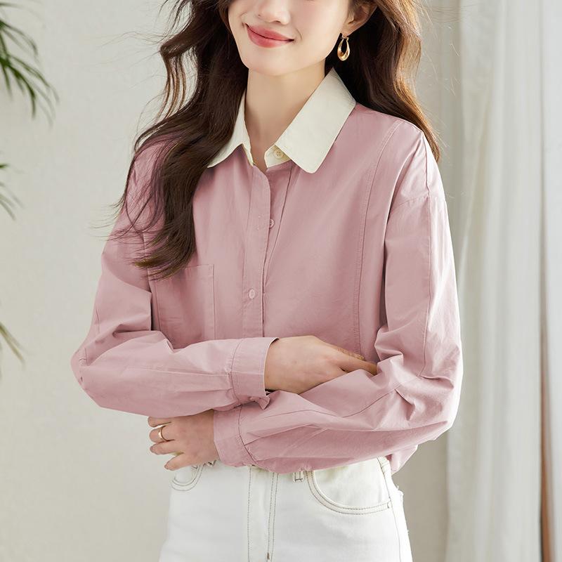 Pure Cotton Long-sleeved Shirt Women's Spring New Contrasting Collar Shirt