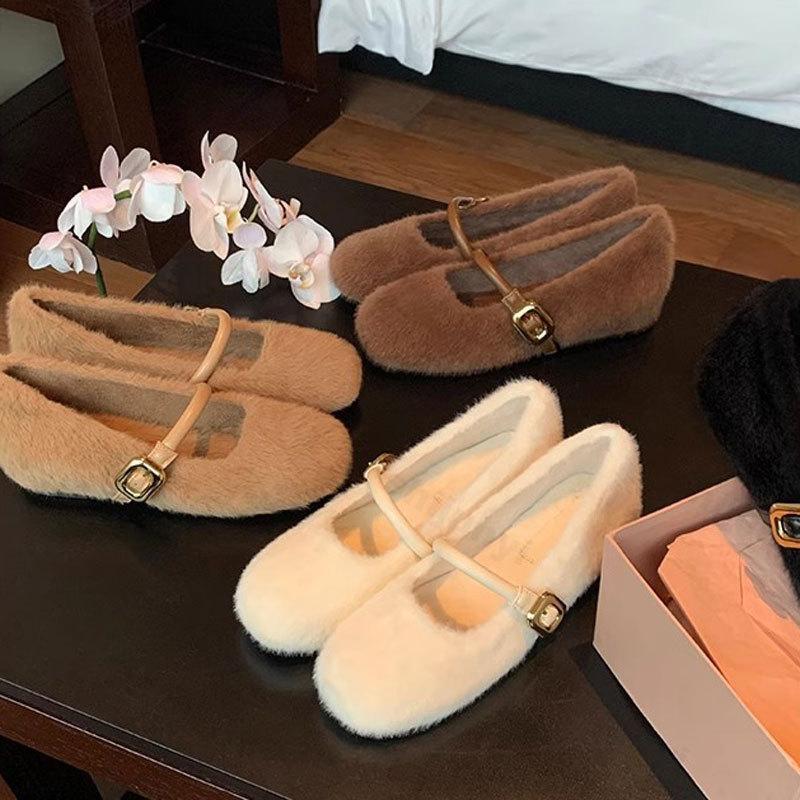 Fashion Women's Ballet Plush Shoes Autumn New Vintage Buckle Strap Mary Jane Shoes Lightweight Comfortable Non Slip Fashion Single Shoes
