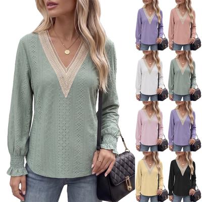 Women's V-Neck Lace Trim Long Sleeve T-Shirt Top, Color Loose Fit Casual Blouse