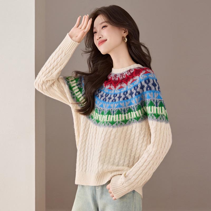 Women's Color-Blocking Wool Pullover Sweater - Stylish Loose Fit for Autumn and Winter