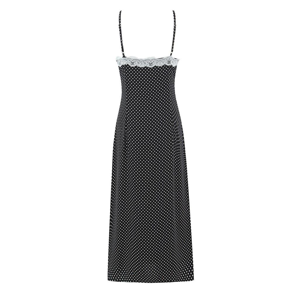 Women's Retro French Polka Dot Maxi Dress: Slim Fit, Strappy, V-Neck, Lace Patchwork, Early Spring Collection