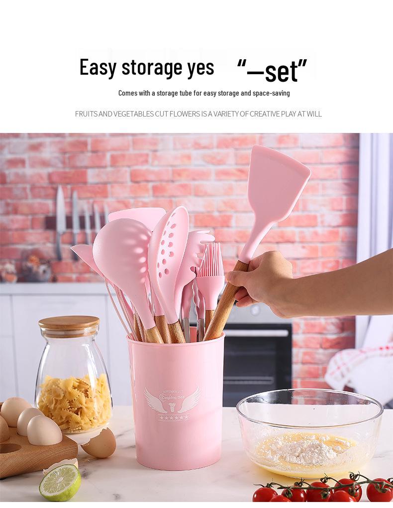 12-Piece Silicone Kitchen Utensil Set with Wooden Handles - Includes Spatula, Slotted Spoon, Frying Spatula, and Baking Tools