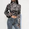 Modetrend Damen Stilvolles, mit Drachen bedrucktes Crop-Top mit langen Ärmeln und hohem Kragen, schmales T-Shirt, schmale T-Shirts für Frühling und Herbst