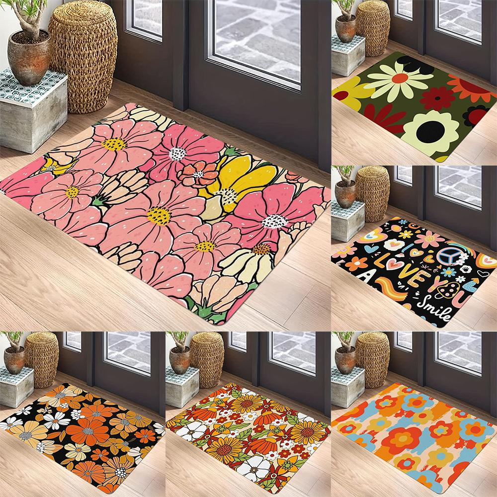 Floral Print Welcome Doormat Non-Slip Machine Washable Carpet for Living Room Bedroom Bathroom Kitchen Laundry Rug