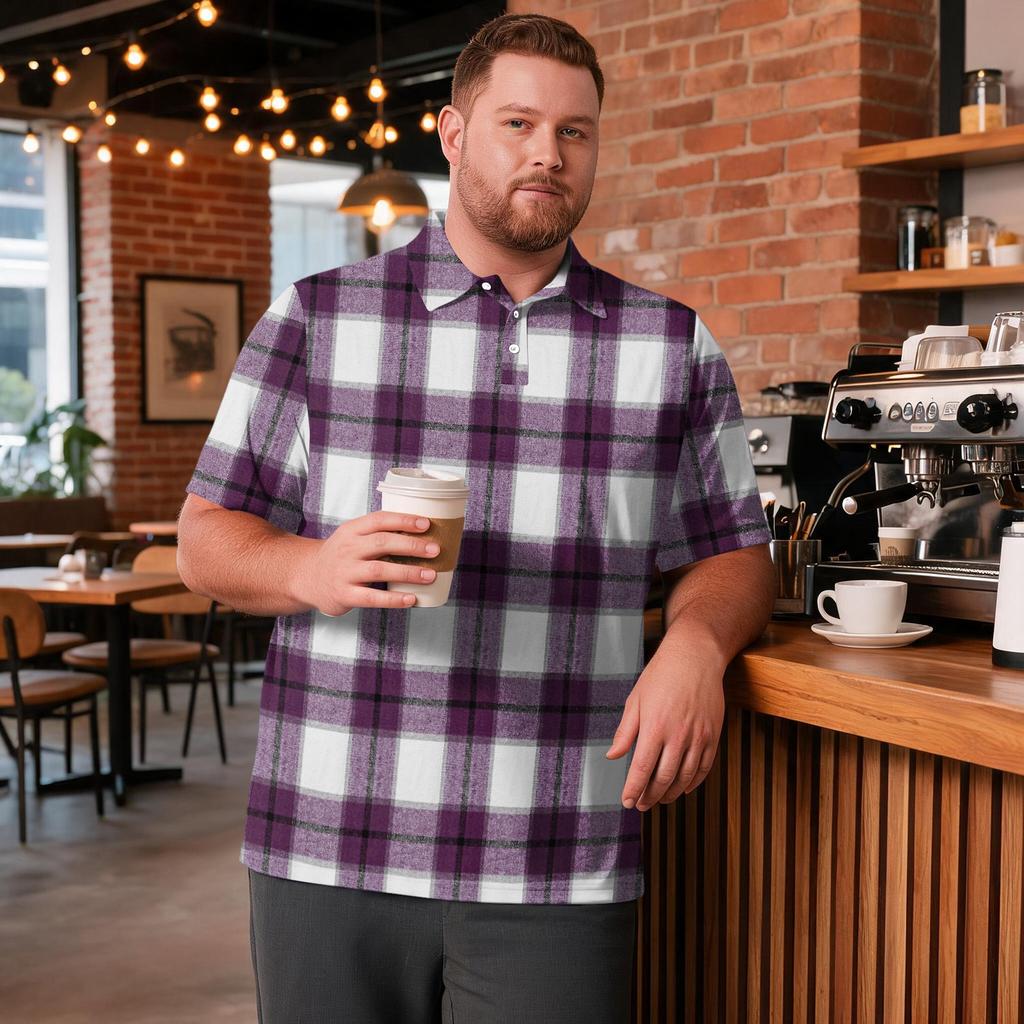 Men's Big Size Plaid Print Golf Polo Shirt Breathable Short Sleeve Collared Casual Workwear Top