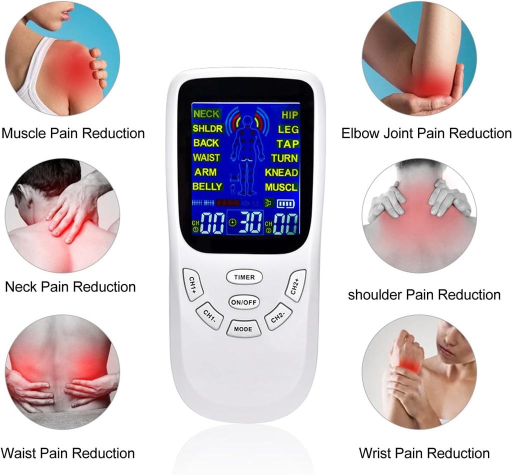 TENS EMS 4 Channel Rechargeable Combo Machine Unit - Muscle Stimulator + Back Pain Relief and Management- 24 Programs/Backlit