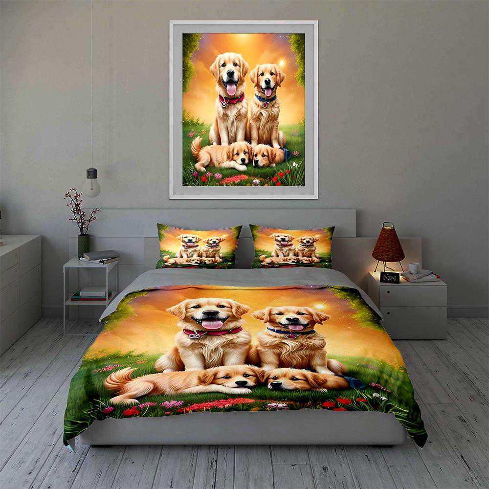 Golden Retriever Kunstwerke Bettwäsche Bettbezug-Sets Bettbezüge Kissenbezüge Geschenke (1 * Bettbezug 2 * Kissenbezüge, ohne Bettdecke)