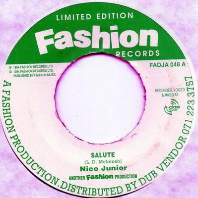 7inch Record NICO JUNIOR - Salute FADJA048 Fashion Records 1994 UK Reggae, Ska & Dub Used