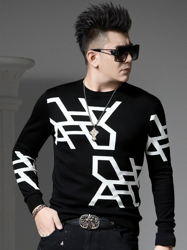 European Casual Round-Neck Sweater for Men 2025 Autumn and Winter New Trendy Geometric Print Knitwear Base Shirt