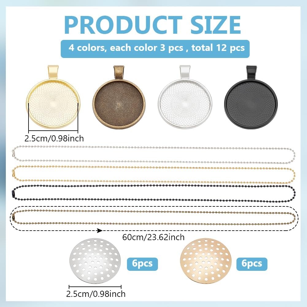 FREEBLOSS 12 Set Round Bezel Pendant Trays Necklace Pendant Blank Frame for Embroidery Round Pendant Tray Charm DIY Jewelry Making Kit for Necklace