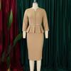Elegantes Büro-Damenkleid Neuer V-Ausschnitt Dreiviertelärmel Gürtel in der Taille Wadenlang Formelles Business-Arbeitskleid