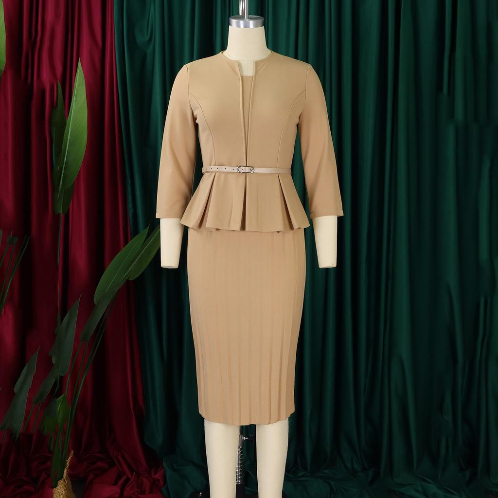 Elegantes Büro-Damenkleid Neuer V-Ausschnitt Dreiviertelärmel Gürtel in der Taille Wadenlang Formelles Business-Arbeitskleid