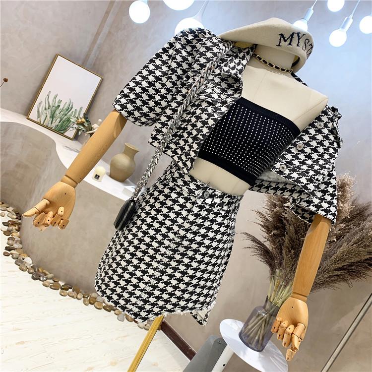 Mode Hahnentritt Anzug Damen Sommer Kurzarmhemd Unregelmäßiger High-Waist Halbrock Zweiteiliger Anzug