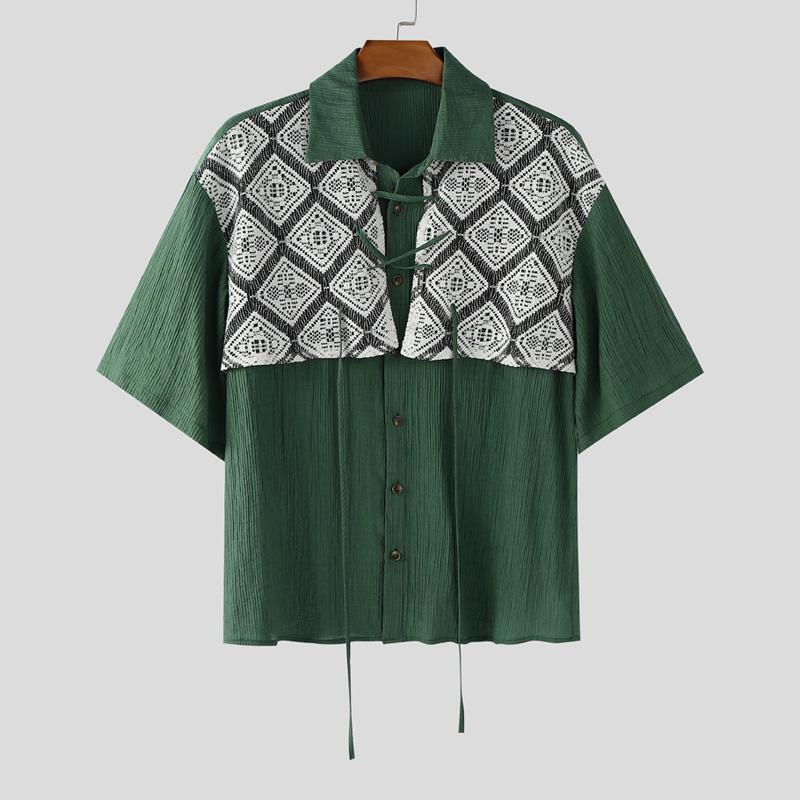 

INCERUN Oversized Men Casual Lapel Short Sleeve Lace Patchwork Texture Shirts 5XL зелёный