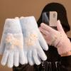 Cute Puppy Bow Knitted Plush Gloves for Women Winter Warm Cycling Five Finger Split Finger Wool Touch Screen