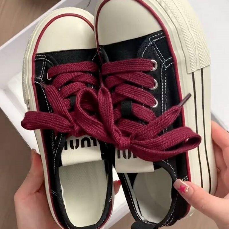 2025 Summer Retro Board Shoes Stacked Lace-up High-value Commuter Shoes Black and Red Canvas Shoes Ins Versatile and Wear-resistant