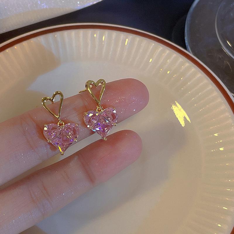

New trendy S silver needle double-layer pink peach heart stud earrings for women, super flash, sweet and simple love zircon earrings. 925 silver needle